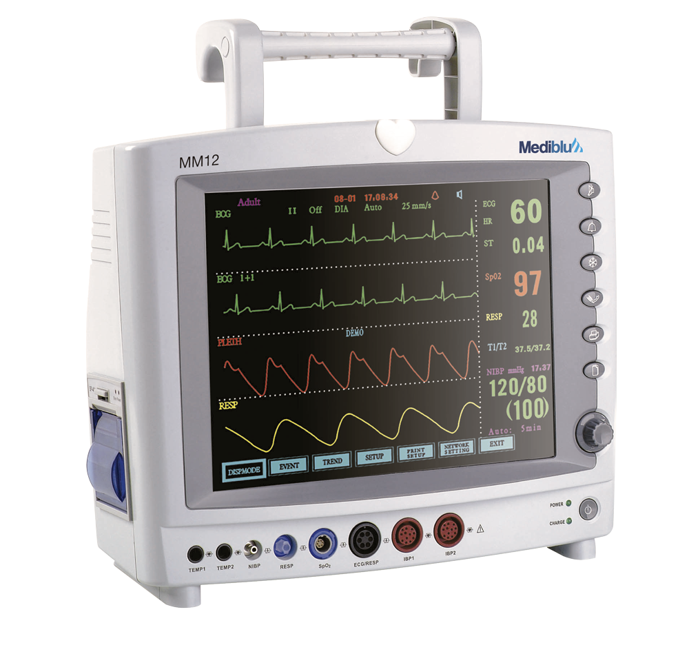 Monitor multiparámetro portátil MM12 con pantalla a color de 12.1 pulgadas mostrando ECG, SpO2, NIBP y respiración
